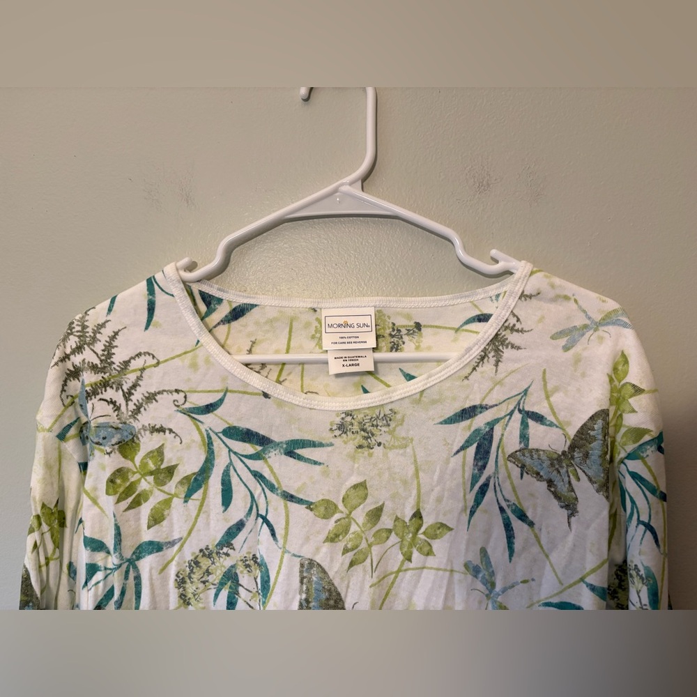 Morning Sun Nature-Inspired 3/4 Sleeve Green and White Top, Size XL Women’s - Picture 2 of 3